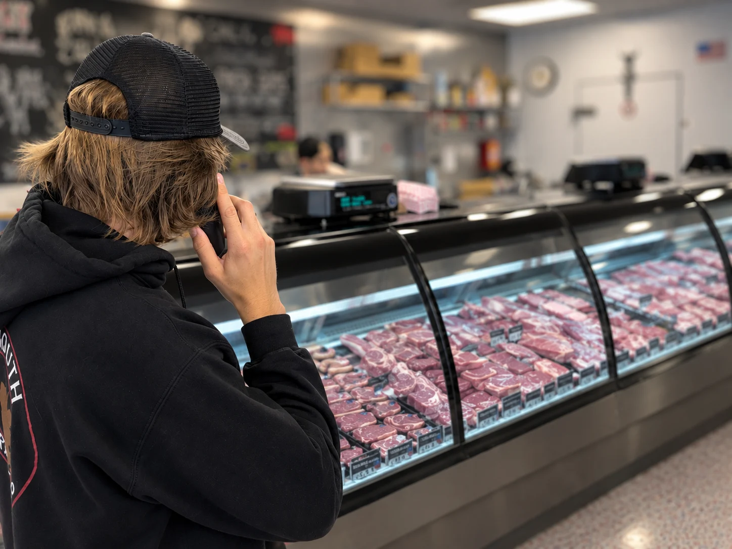 Team member on the phone with the display case in view