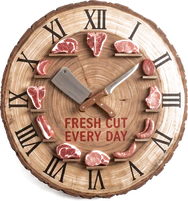 Wooden clock face with a cleaver for hands and cuts of meat marking the hours, reading "Fresh Cut Every Day"