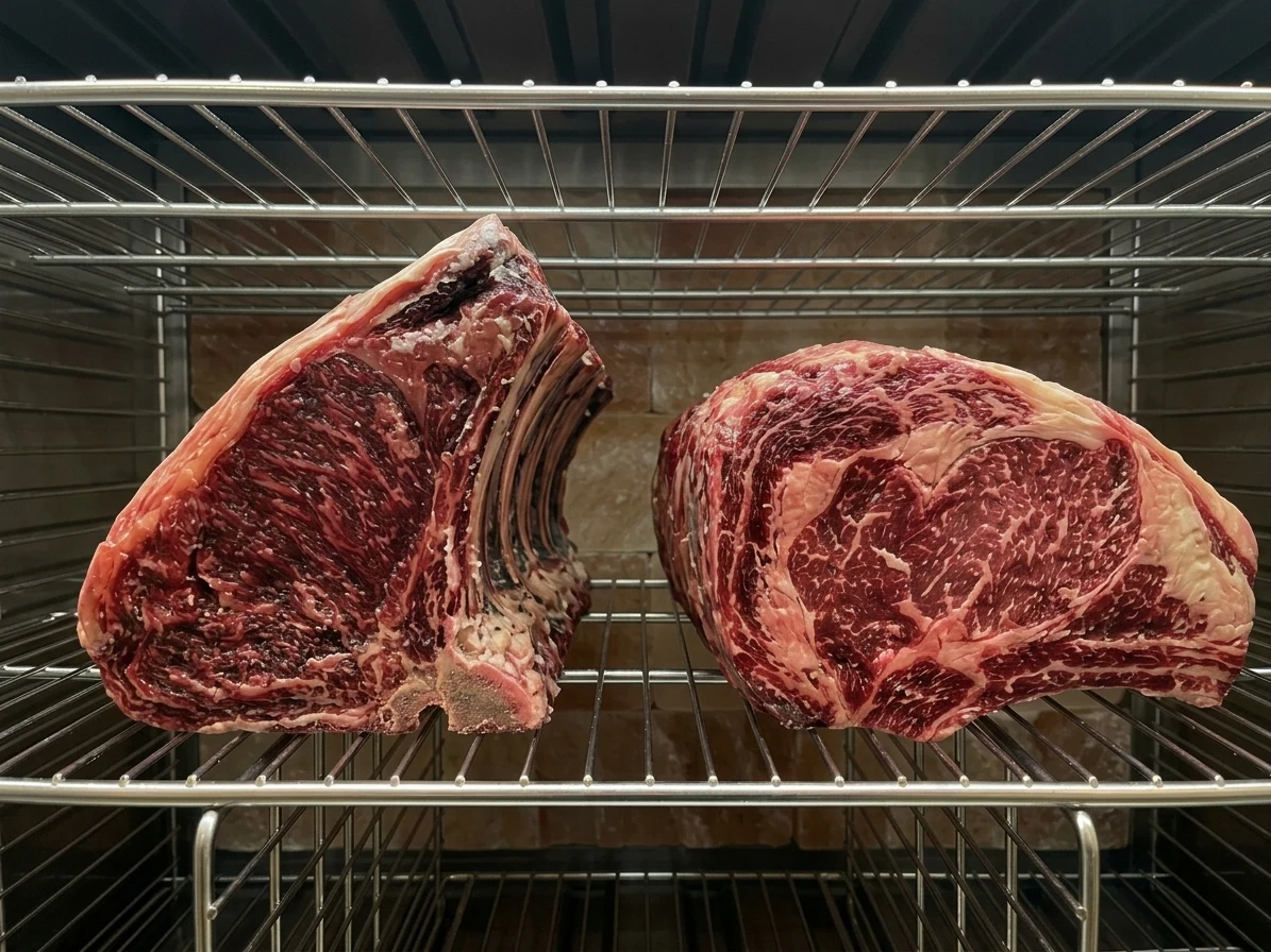 Ribeyes aging in the Plymouth Prime Meats dry-age chamber