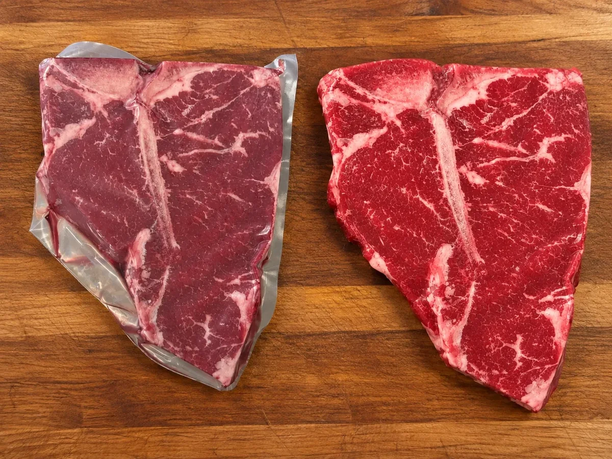 A purple chamber-sealed steak beside the same cut bright red when fresh