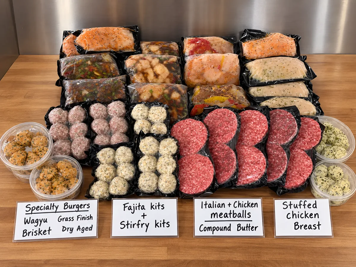 Specialty burgers, kits, meatballs and stuffed chicken on a butcher block with handwritten signs
