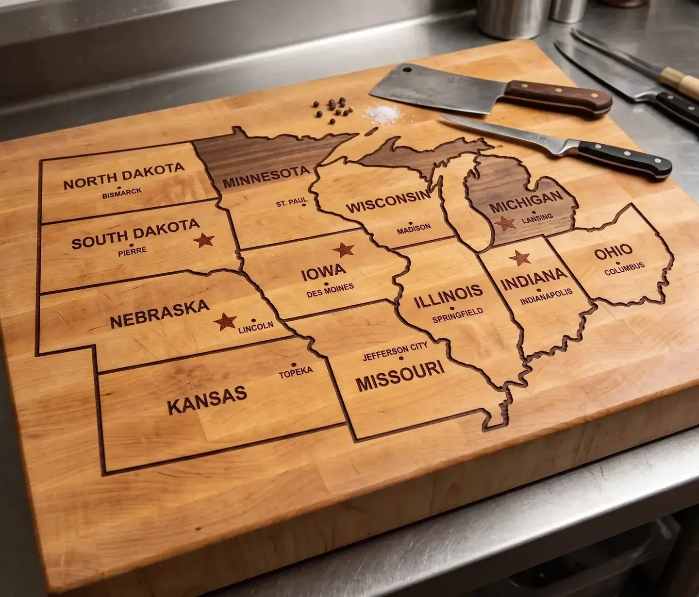 Butcher block map of sourcing states: South Dakota, Nebraska, Iowa, Colorado and Michigan