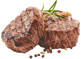 Two thick grilled steaks with a sprig of rosemary and scattered peppercorns